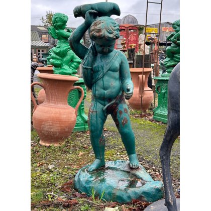 Painted Cast Iron Boy With Large Flower Statue