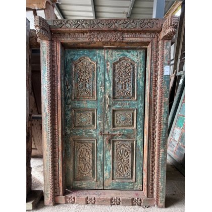 Fabulous & Large Indian Painted Teak Framed Door Fabulous & Large Indian Painted Teak Framed Door