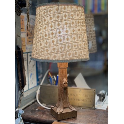 20th Century Mouseman Carved Oak Lamp With Shade 20th Century Mouseman Carved Oak Lamp With Shade