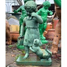 Painted Cast Iron Girl With Cat Statue