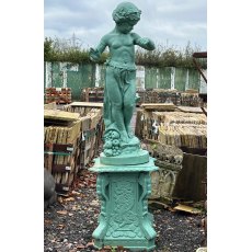 Fabulous Large Painted Cast Iron Boy With Fruit On Plinth Statue