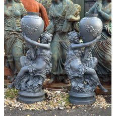 Classical Pair Of Ladies Holding Jugs Cast Iron Statues