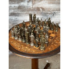 Vintage Marquetry Chess Table With Quality Cast Metal Chess Pieces Vintage Marquetry Chess Table With Quality Cast Metal Chess Pieces
