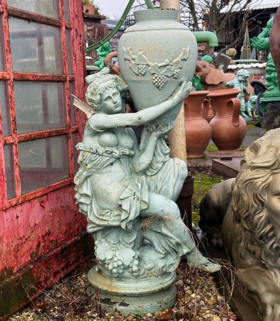 Fantastic Painted Cast Iron Girl With Jug Statue