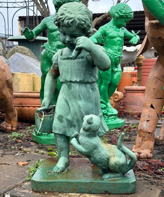 Painted Cast Iron Girl With Cat Statue