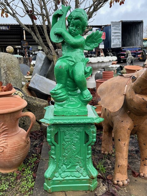 Painted Cast Iron Cherub With Violin On Plinth Statue