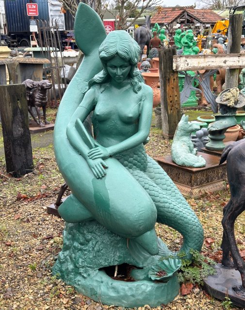 Impressive Large Painted Cast Iron Girl With Dolphin Statue