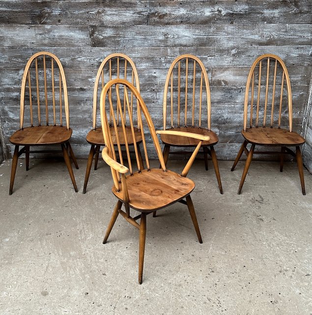 Vintage Set Of 5 Ercol Beech & Elm Dining Chairs