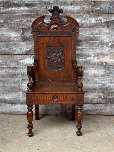 Imposing Antique Early 20th Century Welsh Bardic Carved Oak Chair