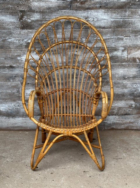 Vintage Franco Albini Style Bamboo and Cane 'Peacock' Lounge Armchair