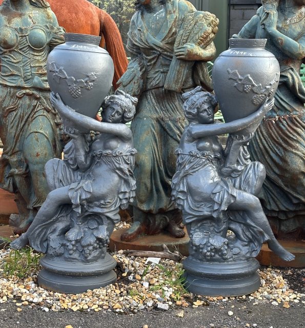 Classical Pair Of Ladies Holding Jugs Cast Iron Statues